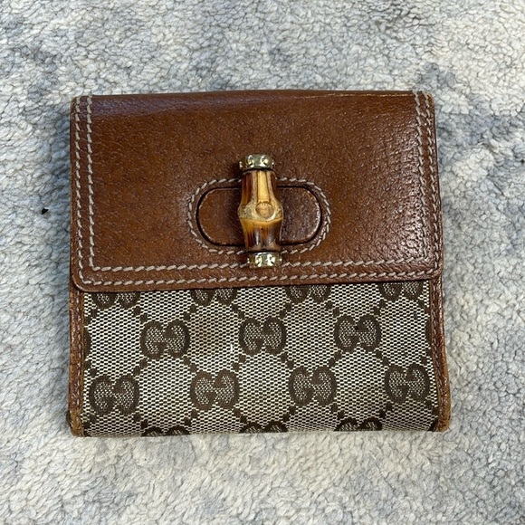 Vintage Gucci Monogram Bamboo French Wallet Brown GG Compact - Picture 1 of 17